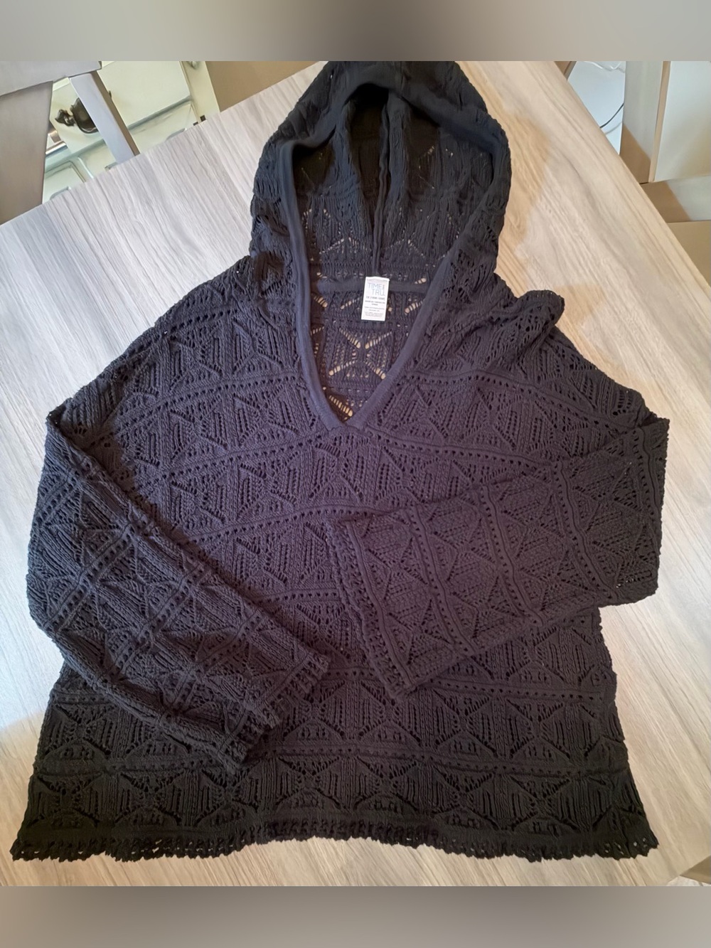 Time and Tru Black Crochet Hooded Top-NWOT